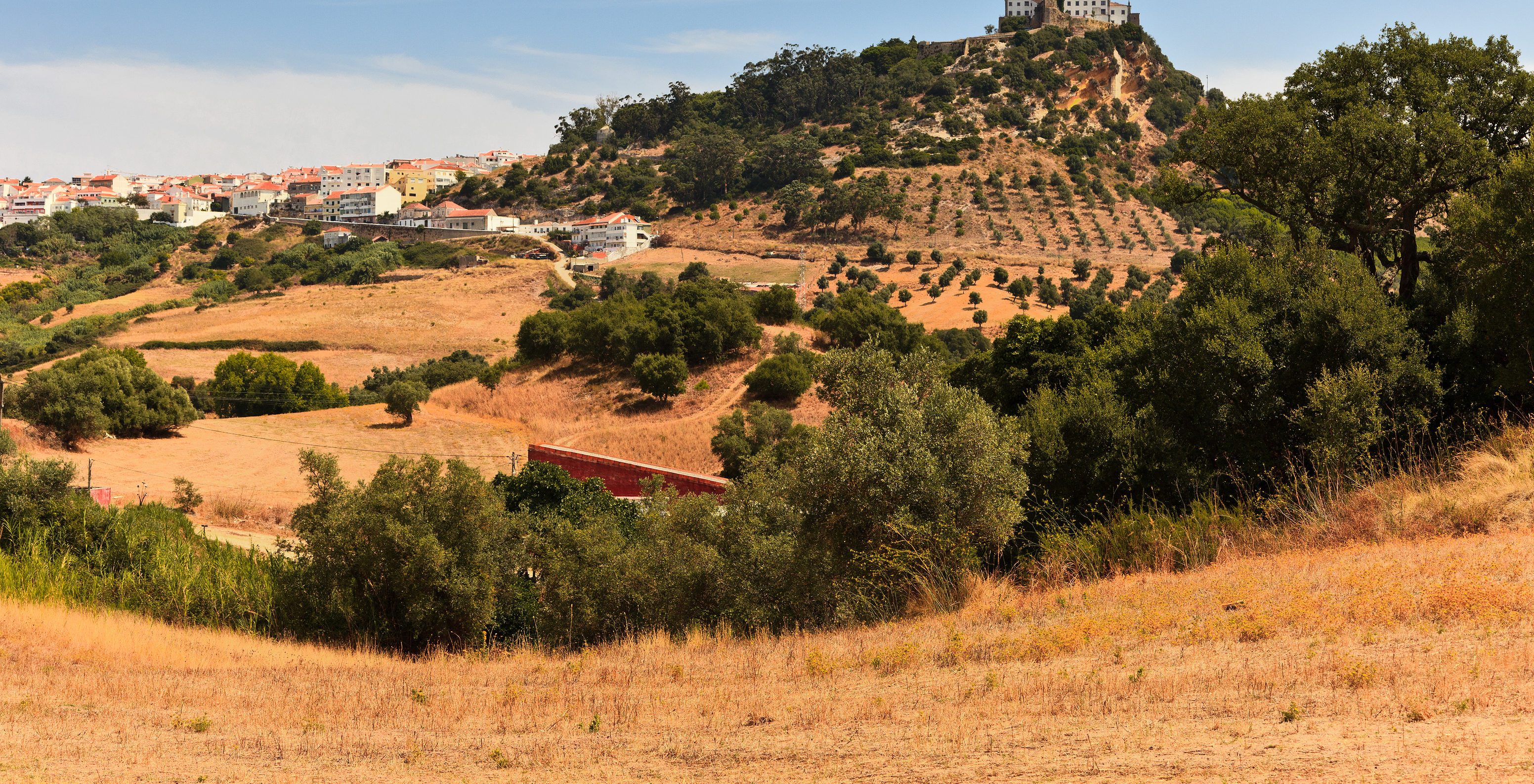 Panoramablick auf die Umgebung der Pousada Castelo Palmela mit einem Hügel und der Burg im Hintergrund