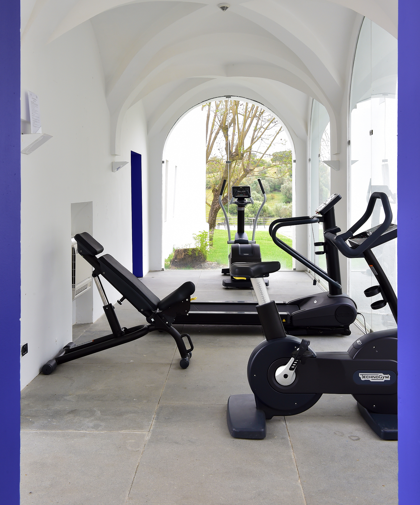 Outdoor but covered gym with a treadmill, bike, elliptical, and strength training bench