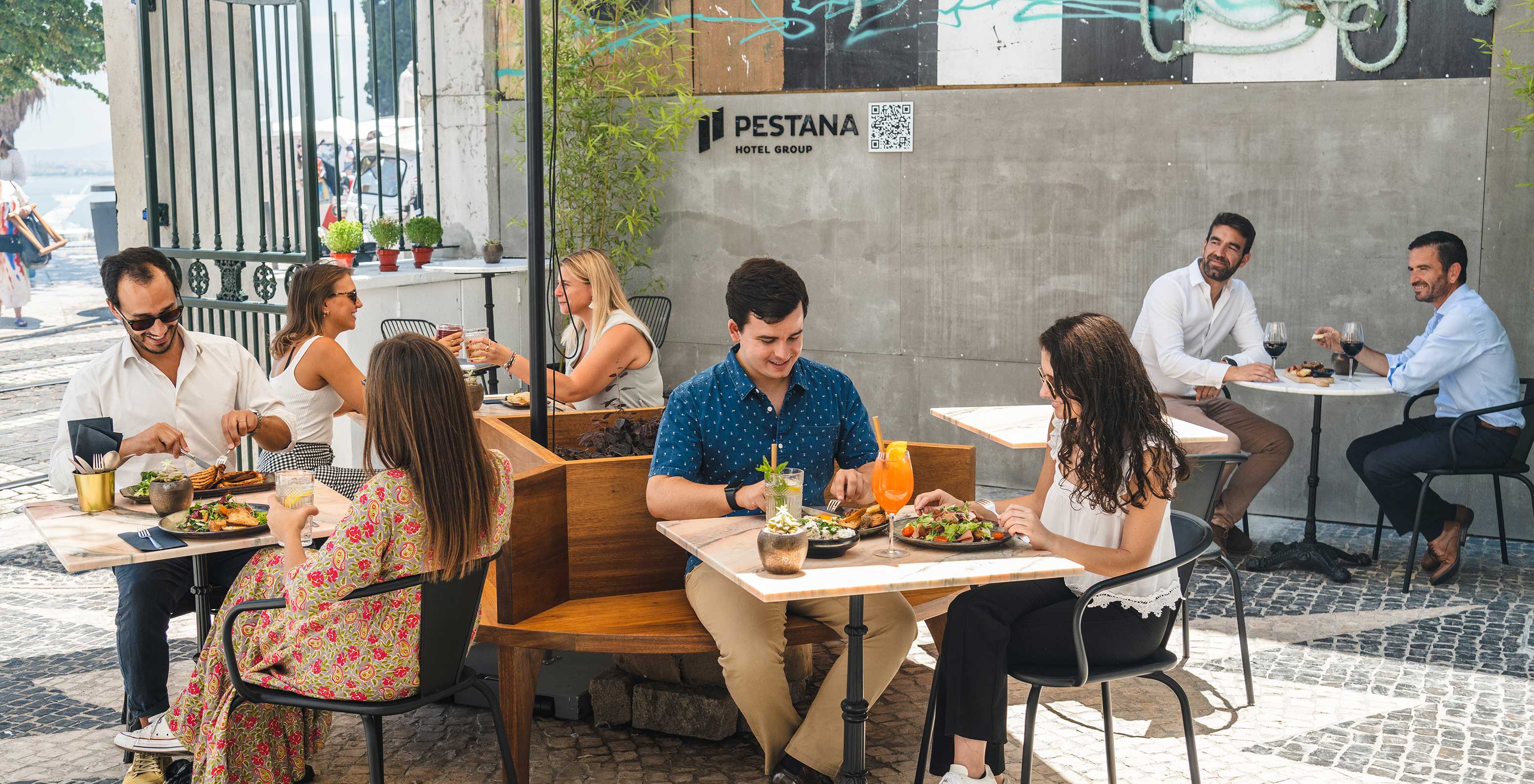 The Manifesto restaurant at the Hotel in downtown Lisbon features a terrace for meals on sunny days