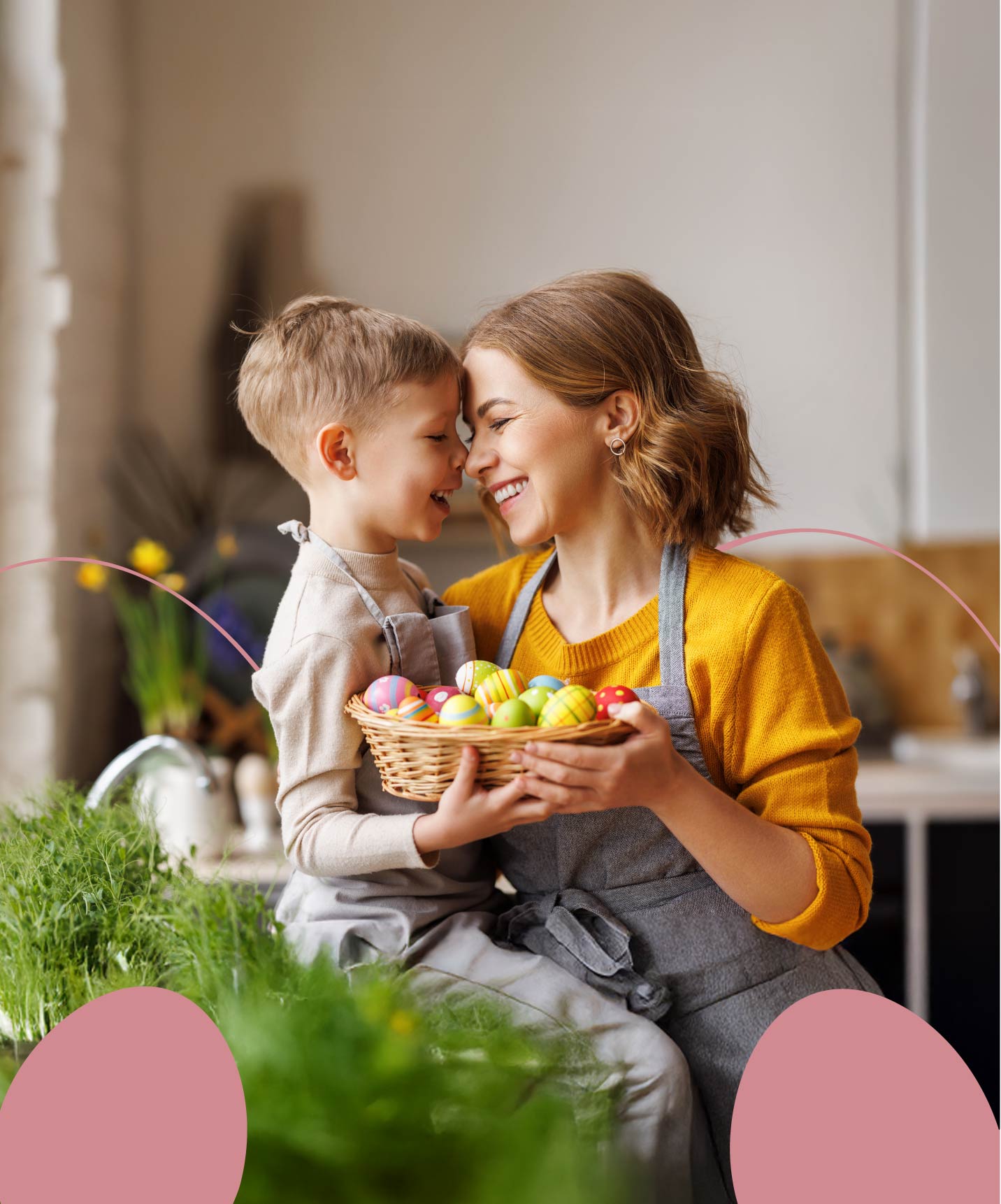 Mother and son in a tender embrace celebrating Easter with a box of colorful eggs at Pousadas de Portugal