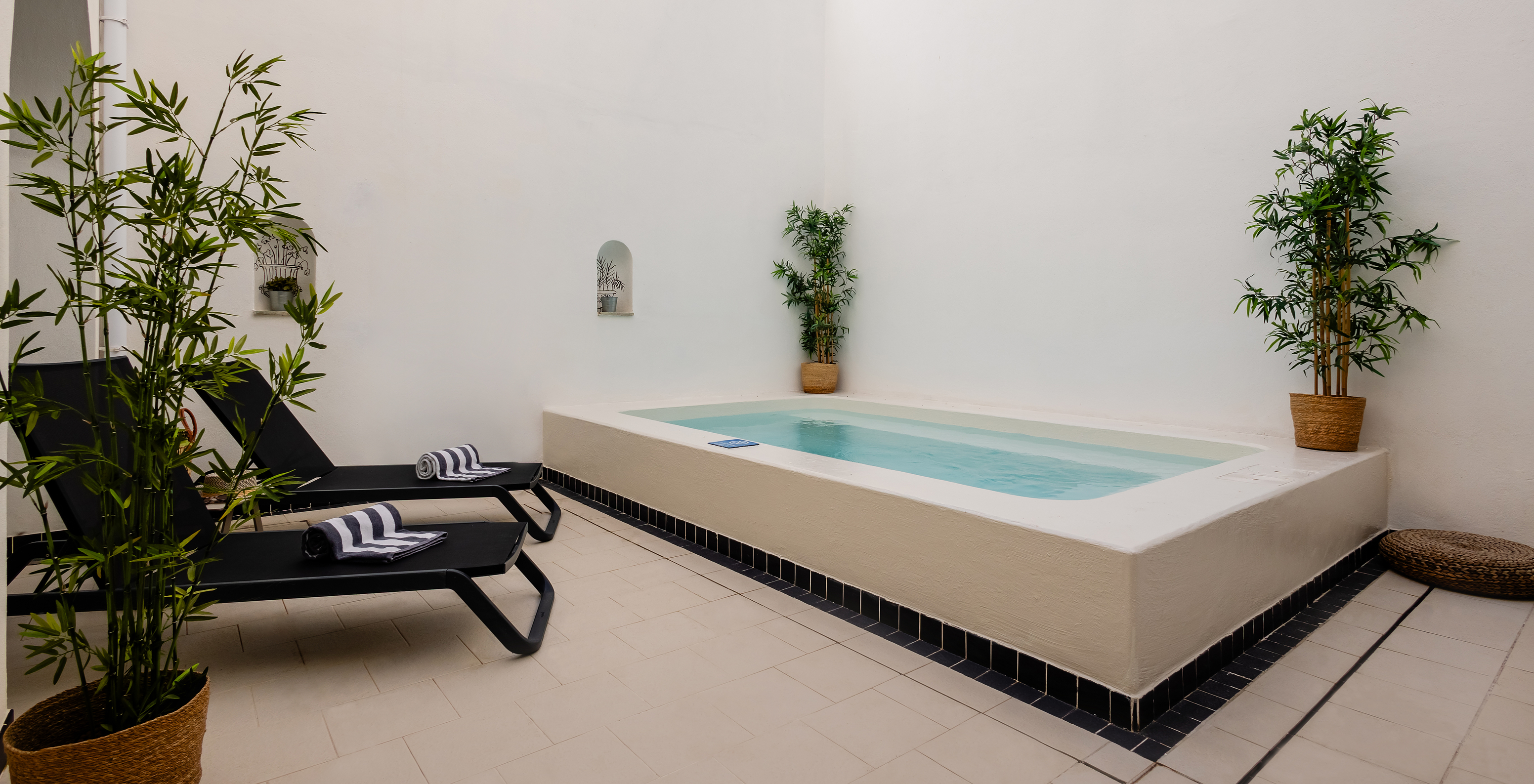 Petite piscine dans le patio extérieur, deux chaises longues avec serviette et pots de plantes à l'Hôtel Historique