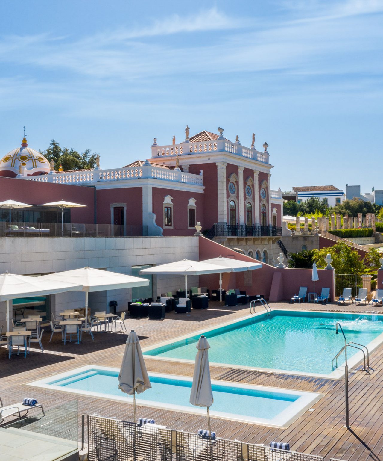 Outdoor pool at Pousada Palácio Estoi, in Algarve - Pousadas of Portugal "Modernization of Pousadas de Portugal’s historic buildings, like the outdoor pool at Pousada Palácio Estoi in the Algarve "
